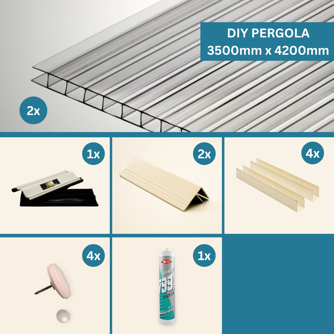Pacote DIY - Pérgola Independente de Policarbonato Transparente de 3500mm x 4200mm