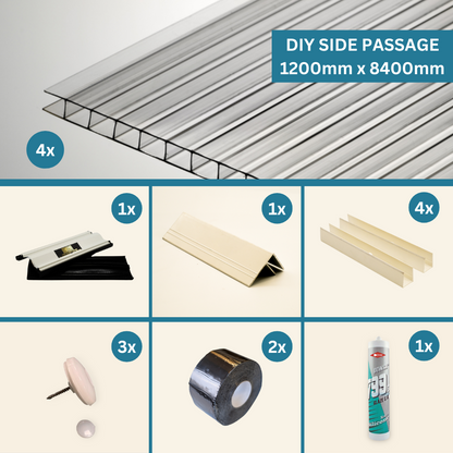 Pacote DIY - Passagem Lateral de Policarbonato Transparente 1200mm x 8400mm