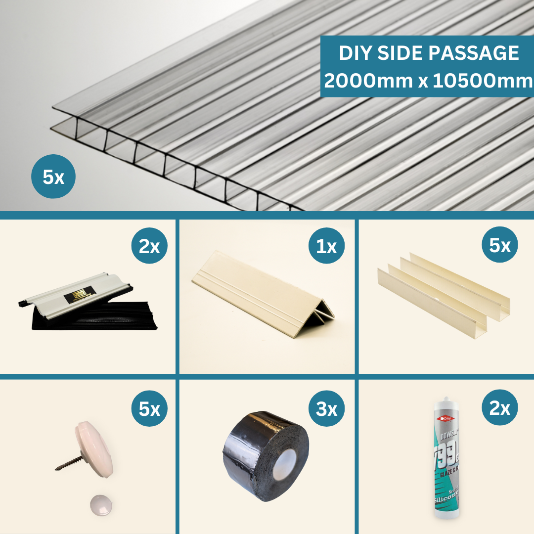 Pacote DIY - Passagem Lateral de Policarbonato Transparente 2000mm x 10500mm