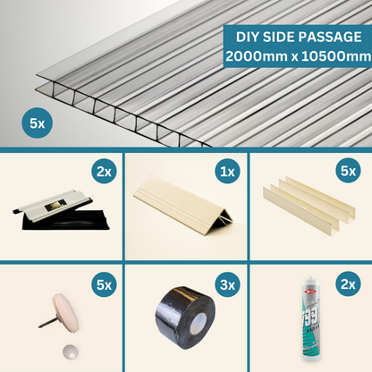 Pacote DIY - Passagem Lateral de Policarbonato Transparente 2000mm x 10500mm